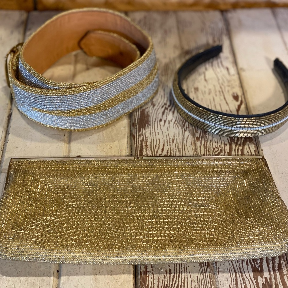 3 piece clutch, headband and belt set
